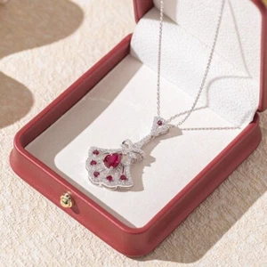 Lab Created Red Ruby Skirt Pendant Necklace Chain 925 Sterling Silver Girl Gift - Picture 1 of 8