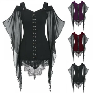 Halloween Ladies Steampunk Victorian Gothic Tops Lace Up Batwing Blouse Clothes - Picture 1 of 14