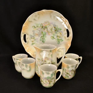 MW Co. Pitcher 5 Chocolate Cups Cake Plate Roses Green Luster 1910's Germany - Picture 1 of 12