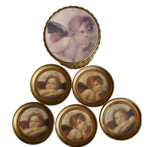 Cherub Italian Angel Plastic Coasters Set Of 5 w/ Holder MADE IN ITALY Decor - Picture 1 of 12