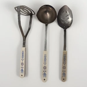 3 pc Set ACE Stainless Kitchen Utensils Mid-Century USA Blue Hex Pattern - Picture 1 of 9