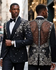 Luxury Crystals Rhinestones Men Suits Peaked Lapel Groom Tuxedos 2 Pieces Sets - Picture 1 of 3