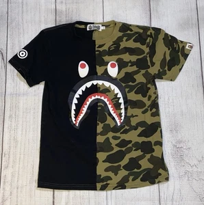 A Bathing Ape Split Camo Shark Head T-Shirt WGM Size Small Black & Camo - Picture 1 of 8