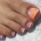 24pcs for Women Square Short Toe Nails Fake Toenails French Flowers Full Cover