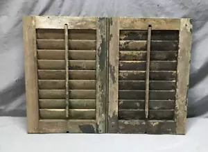 Pair VTG Shabby Exterior House Window Wood Louvered Shutters 13x19 Old 614-25B - Picture 1 of 15