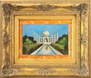 Vintage Oil Painting Taj Mahal in HIghly Ornate Gold Frame, Signed Folksy Style - Picture 1 of 8