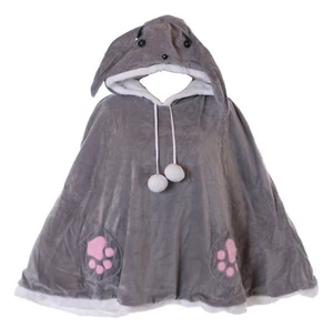 C-02-4 Gray Rabbit Motif Cape Hood Double-Layered Fleece Fluffy Kawaii - Picture 1 of 10