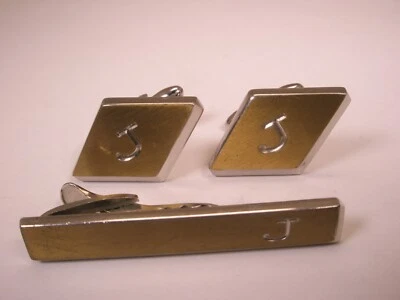 J Monogram Initial Letter Vintage HICKOK USA Cuff Links & Tie Bar Clip set james - Image 1 of 4