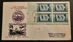 1946 FDC Iowa 100 Years Statehood Crosby Cachet Plate Block Iowa City Newark NJ - Picture 1 of 2