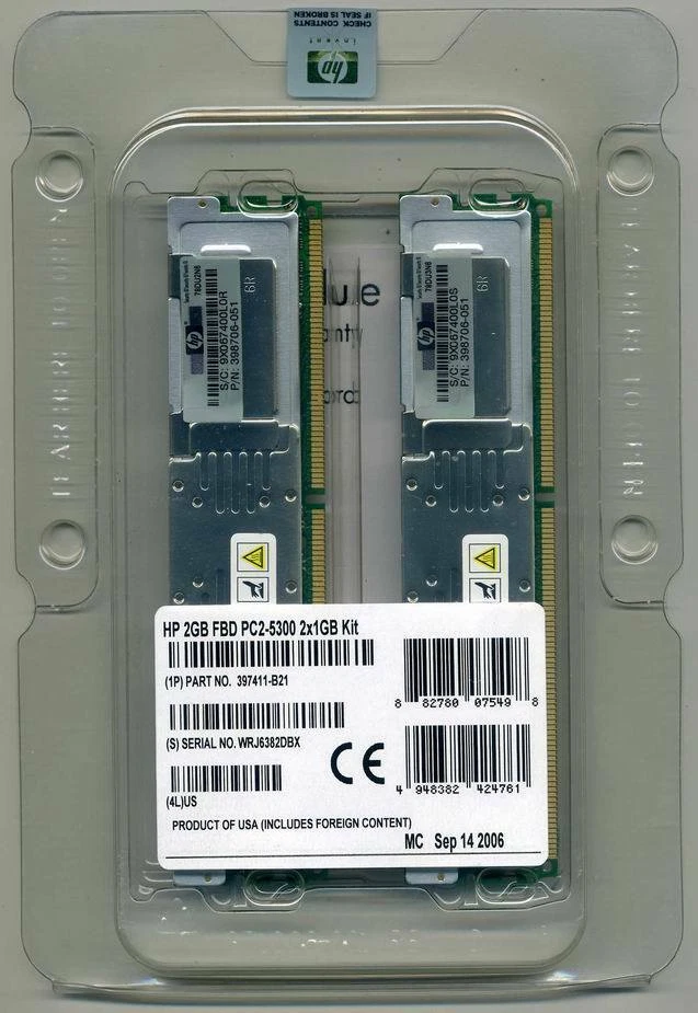 NEW HP 2GB 2x1GB PC2-5300 DDR2-667 ECC FBDIMM Server RAM Memory 397411-B21 - Image 1 of 1