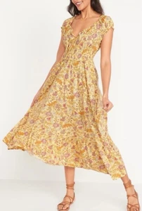 Old Navy Womens Yellow Floral Waist Defined Smocked Midi Dress Boho Cottage M - Picture 1 of 13
