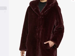 Nuevo con etiquetas Abrigo de piel sintética DKNY para mujer con capucha rosa malva/burdeos talla L - Imagen 1 de 6