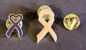 3 Lapel Pins Cancer Ribbon Heart Purple Pink Gold - Picture 1 of 4