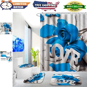 4 Pcs Blue Rose Shower Curtain Set - Bath Mat, Toilet Lid Cover & Hooks - Wat... - Picture 1 of 8