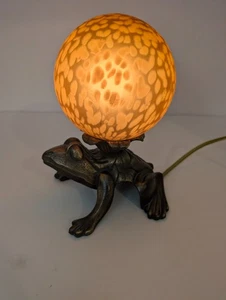 Bronze Frosch Tisch Nachtlicht Lampe Bernstein Kiesel Kugel 8,75" T - Bild 1 von 16