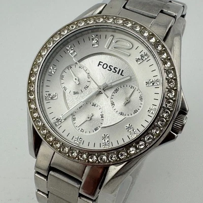 Fossil Quartz Watch ES3202 Women 100m Silver Steel Rhinestone New Battery 7.25" - Image 1 of 4