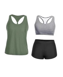 3 Piece Athletic Tankini Swimsuits for Women with Small Green and Stripe - Picture 1 of 7