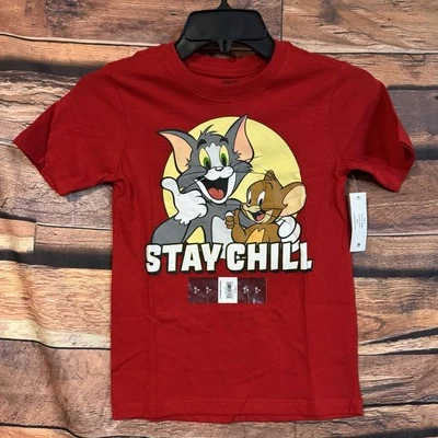 Tom & Jerry Boys Small Stay Chill Graphic T-Shirt Red Crew Neck Short Sleeve Top - Image 1 of 4
