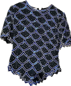 Lawrence Kazar Black Silk Beaded Sequin Pearl Evening Top Large Retro 80s 90s - Picture 1 of 16