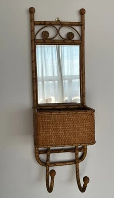 Антикварная карманная полка из ротанга/бамбука с зеркалом и двумя крючками - Изображение 1 из 4
