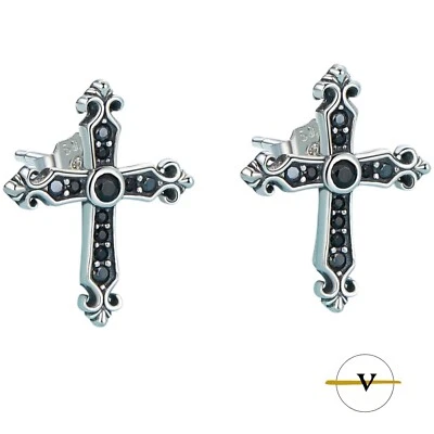 ORECCHINI UOMO DONNA CROCE IN ARGENTO 925 STERLING E ZIRCONI NERI - Immagine 1 di 4