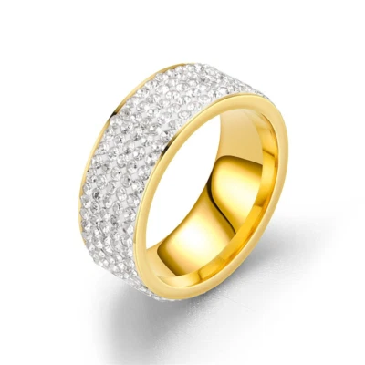 8 mm Stainless Steel Gold A+++ Brilliant Round Crystals Fully Studded Band Ring - Image 1 of 3
