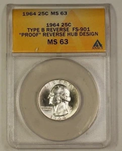 1964 Washington Silver Quarter Coin Type B Rev FS-901 PR Rev Design ANACS MS63 A - Bild 1 von 2