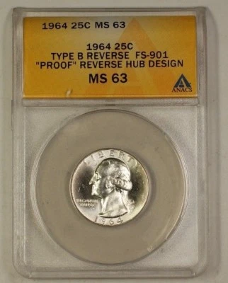 1964 Washington Silver Quarter Coin Type B Rev FS-901 PR Rev Design ANACS MS63 A - Image 1 of 2