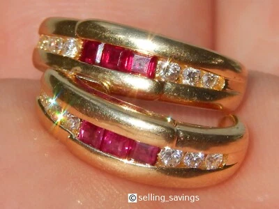 PENDIENTES HUGGIE DE ORO AMARILLO MACIZO 14K 1,08 TCW rubí y diamante 7/10 pulgadas de alto Foto 1 de 4