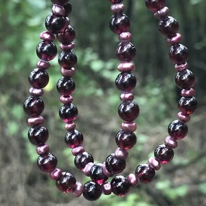 Genuine Art Deco Pearl & 5.6mm Garnet Bead Necklace Pink/Purple Sterling Silver - Picture 1 of 10