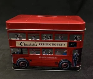 Churchill's Confectionery London Transport Double Decker Red Bus Tin Coin Bank - Picture 1 of 3