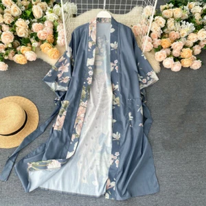 Accappatoio donna giapponese Yukata raso floreale lungo kimono cappotto con cintura outwear - Foto 1 di 13