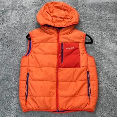 Montbell Chaleco Niños Grande Naranja Reversible Nylon Puffer Con Capucha Cremallera Completa Senderismo Foto 1 de 4