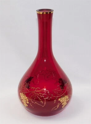 Vtg Czech Bohemian Ruby Red Glass Decanter with Etched Gold Grapes 9.25" Tall - Image 1 of 4