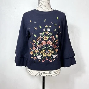 Bestickter Blumen Pullover Pulli Stufen Glockenärmel Damen S Blumen Stufen blau - Bild 1 von 24