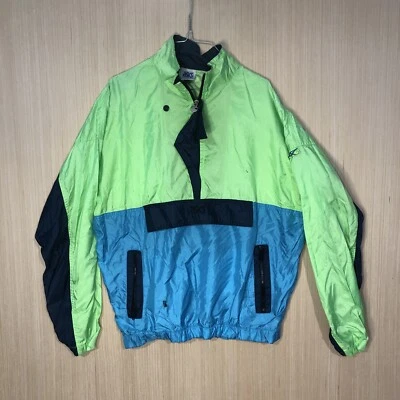 Jaqueta corta-vento vintage anos 90 Asics 1/2 zíper média azul neon verde moletom com capuz - Imagem 1 de 4