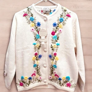 1960s Womens Cardigan Sweater B Altman Lambs Wool Angora Flowers Size 40 New - Picture 1 of 17