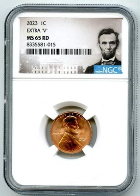 2023 EXTRA ' V ' ERROR VDB V NGC MS65 RD LINCOLN SHIELD PENNY CENT RARE VARIETY - Image 1 of 3
