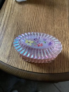 Fenton Iridized Pink Floral Oval Trinket Box, Signed L. Fenton - Picture 1 of 5