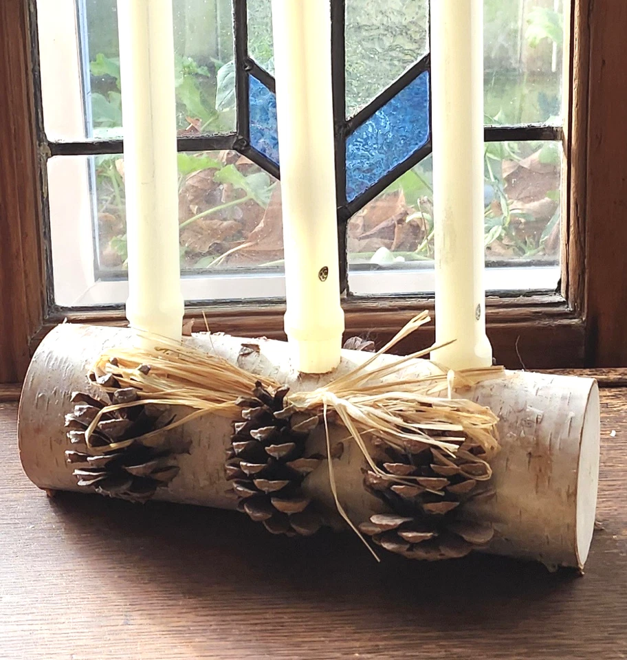 Rustic Birch Log Winter Centerpiece with Pinecones and Tapered Candles Handmade - Image 1 of 4