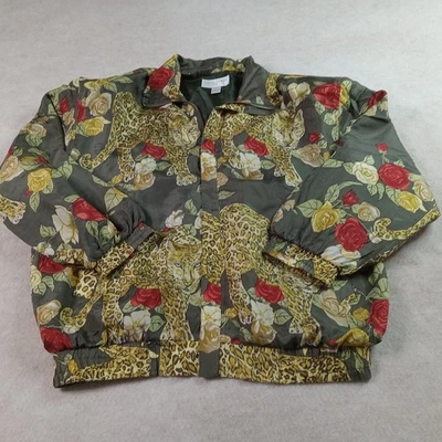 Casual Corner Silk Jacket Womens L Leopards Roses Zip Art2Wear Vtg 80s GUC Flaw - Image 1 of 4