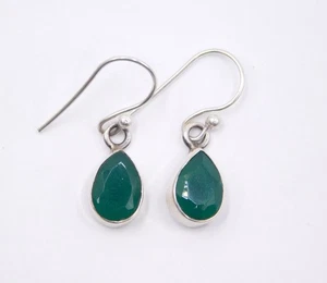 2.45 Gm 925 Sterling Silver Lab Created Pear Emerald Handmade Earring Size 1" - Picture 1 of 4