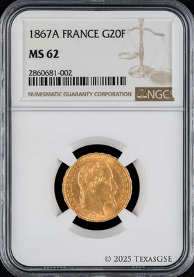 1867-A France 20 Franc Gold Coin - Napoleon III -  NGC MS62 - Image 1 of 2