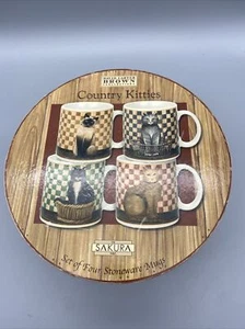 SET (4) Country Kitties Stoneware Mugs Cats Sakura David Carter Brown 12oz - Picture 1 of 4
