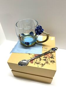 Luxury Unique Tea Set * Glass & Enamel Cup/Mug Blue Rose * Vintage * NEW IN BOX