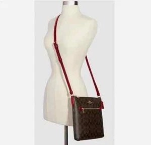 NEW COACH ROWAN DARK BROWN RED SIGNATURE CROSSBODY PURSE SHOULDER BAG LEATHER - Picture 1 of 12