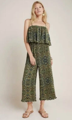 Anthropologie Suzanne Women's Green Pleated Wide-Leg Jumpsuit Size Small - Imagem 1 de 4