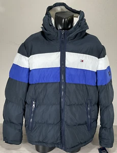 Tommy Hilfiger Hooded Wind Resistant Puffer Jacket Sz M Navy Blue White $250 - Picture 1 of 12