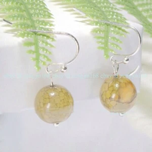 10mm Natural Yellow Dragon Vein Agate Gems Round Beads Dangle Hook Earrings - Picture 1 of 12