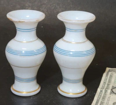 Pair Antique 4-1/2" Miniature Opaline Blown Glass Vases Baccarat? Blue/Gold - Image 1 of 4